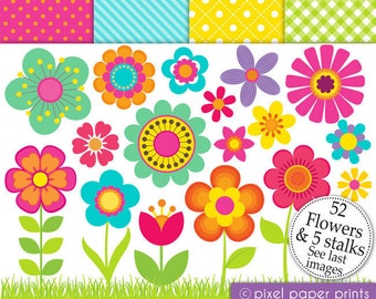 Flower clipart- HAPPY FLOWERS - Digital paper and clip art set