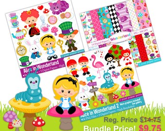 Alice in wonderland Bundle - Clip art and Digital Paper - Bundle price - Alice in Wonderland Clipart - Digital Download