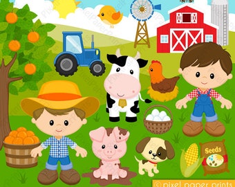 Farmer boys - Farm clipart - Clip Art and Digital paper set - Digital Download