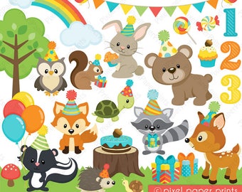 Woodland Birthday clip art - Forest clipart - Clip Art and Digital paper set - Digital download