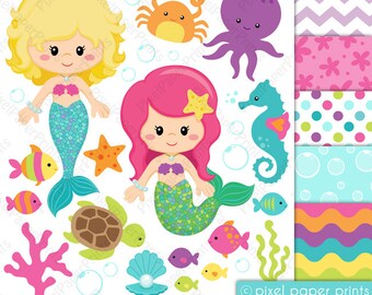 Pretty Mermaid - Clipart and Digital paper set
