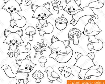 Friendly Fox - Digital stamps - Fox stamps - Line art, Digital Download