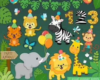 Birthday Animals Clip Art - Birthday Party Graphics - Jungle - Wild Animals - PNG Graphics - Digital - Printable - Instant Download