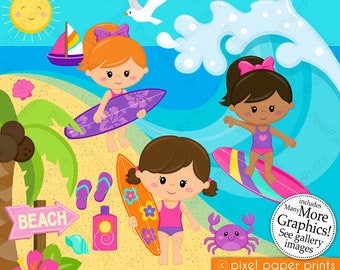 Surfer Girls Clipart - Clip Art and Digital paper set