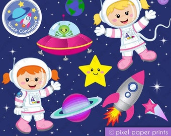 Astronaut Girl Clip art - Clipart and Digital paper set - Digital Download