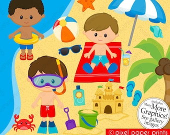 Boys at the Beach Clipart - Clip Art and Digital paper set - Digital Download - Beach  Clipart - Pool Party Clipart - Summer Clipart