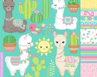 Llama clip art - Pastel Llamas - Decorated Llama - Digital download - Llama Digital Stickers - Alpaca Party - Llama Party