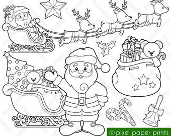 Santa Claus Digital Stamps  - Christmas clipart - Line Art - For crafts, Christmas cards, Coloring pages, worksheets, DIY decorations & more