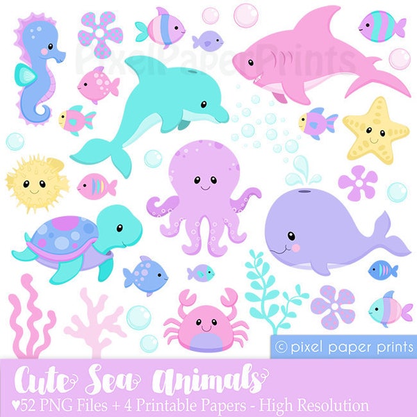 Cute Sea Animals Clipart - Sea creatures clip art - Digital Download - Ocean animals - Digital stickers