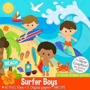 Surfer Boys Clipart - Clip Art and Digital paper set - digital download