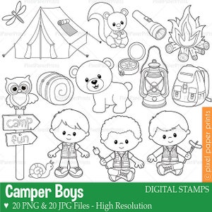Camper boys- Digital stamps - Camping  Clip Art - Coloring graphics - Line Art - Digital Download - PNG Files - JPG Files