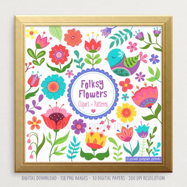 Folksy Flowers - Digital Download - Flower Clipart - Scandinavian Folk - Folk Flowers - Floral clipart