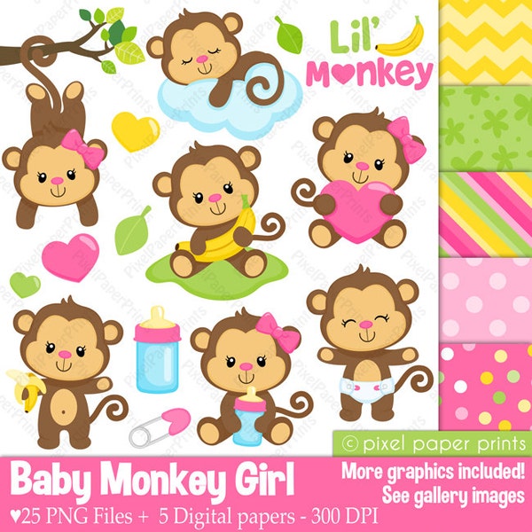 Baby Monkey Girl Clipart - Digital Download - Printable - Graphics Graphics for printables, scrapbook, tshirts, stickers, sublimation & more