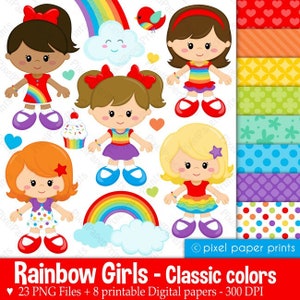 Rainbow girls - Classic colors - Clipart and Digital Paper Set