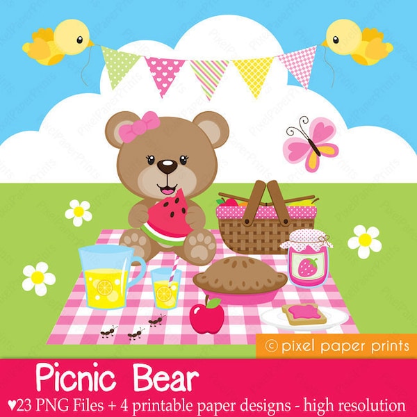 Picnic Bear - Digital - Clipart and Digital Paper Set - Bear clip art - Digital download