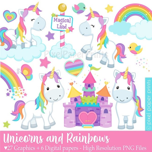 Unicorn Clip Art - Unicorns and Rainbows Clipart - PNG files - Unicorn Printable Art - Digital Instant Download