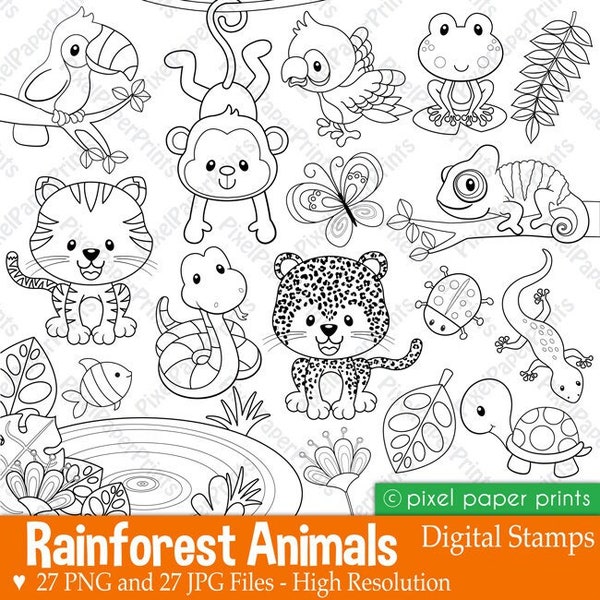 Rainforest Animals Stamps - Digital Stamps - Line Art - Wild Animals - Printable Graphics for cards, worksheets, coloring pages and more