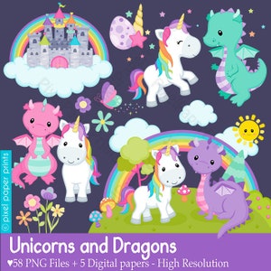 Unicorns and Dragons - Unicorn clipart - Rainbow clip art