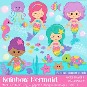 Cute Mermaid Clipart - Rainbow Mermaid - PNG Files - Digital - Printable graphics for crafts, digital design, heat transfer & more