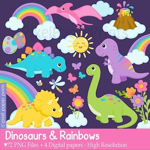 Op de afbeelding: Een set van 72 digitale clip art afbeeldingen met dinosaurussen en regenbogen. De afbeeldingen bevatten een verscheidenheid aan dinosaurussen, waaronder een stegosaurus, een triceratops, een brachiosaurus en een pterodactyl. De afbeeldingen bevatten ook regenbogen, wolken, bloemen en een zon.