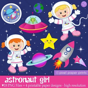 Astronaut Girl Clip art - Clipart and Digital paper set - Digital Download