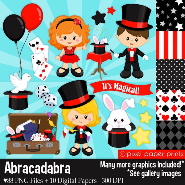 Magician Clip Art - Digital Images - Printable Graphics for party decorations, scrapbooking, cards, transfer on clothes, sublimation & more