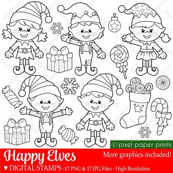 Happy Elves Digital Stamps - Christmas Clipart - Line art graphics for coloring pages, worksheets, crafts & more - PNG and JPG - Printable