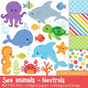 Sea animals clipart - Sea animals NEUTRALS - Clip art and digital paper set - Digital download