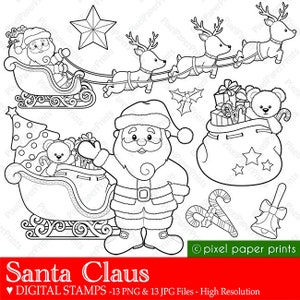 Santa Claus Digital Stamps  - Christmas clipart - Line Art - For crafts, Christmas cards, Coloring pages, worksheets, DIY decorations & more
