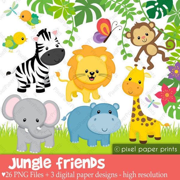 Jungle Animals Clip Art - Cute animals - Digital Download - PNG - Graphics for sublimation, scrapbook, jungle wall decor, stickers and more