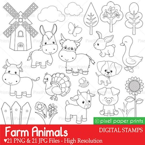 Farm Animals - Digital Stamps - Clip art - Line Art - Digital download