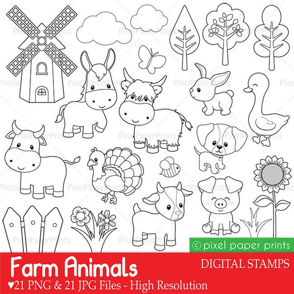 Farm Animals - Digital Stamps - Clip art - Line Art - Digital download