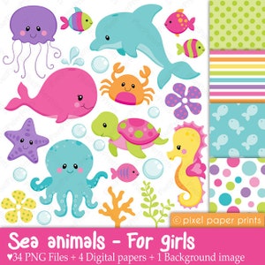 Sea Animals Clipart and Digital Paper Set | Cute Ocean Graphics for Girls | Digital Download for Crafts and Projects