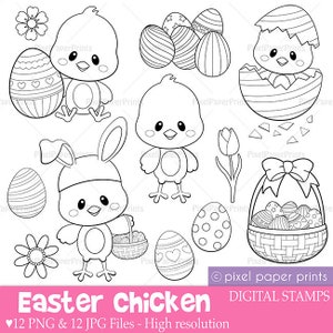 Easter Chicken Digital Stamps - Clipart  - Line art graphics to create coloring pages, worksheets, crafts & more - PNG and JPG - Printable