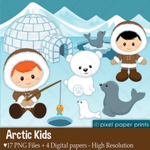 Arctic Kids Digital paper and clip art set Digital Download image 1