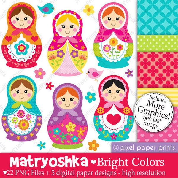 Matryoshka clipart - Nesting doll - Clip art and Digital paper set - Matryoshka