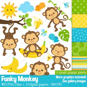 Cute Monkey Clip Art - Digital Images - Printable High Resolution Graphics for Crafts, Scrapbooking, Invitations, Wall Art, Stickers &  More