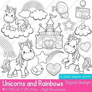 Unicorns and Rainbows Digital Stamps - Line Art