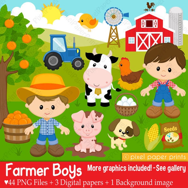 Farmer boys - Farm clipart - Clip Art and Digital paper set - Digital Download