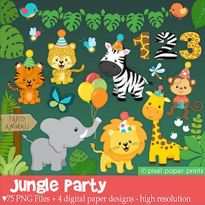 Birthday Animals Clip Art - Birthday Party Graphics - Jungle - Wild Animals - PNG Graphics - Digital - Printable - Instant Download