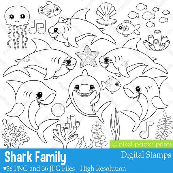 Shark Family  - Mom Shark - Dad Shark - Baby Shark Digital Stamps