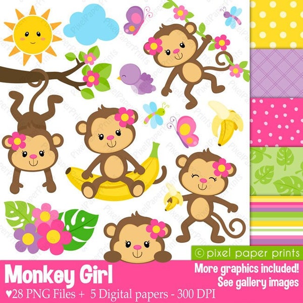 Monkey Girl Clipart - Cute Monkey - Printable Files - Digital - PNG graphics - For invitations, posters, decor, worksheets, scrapbook & more