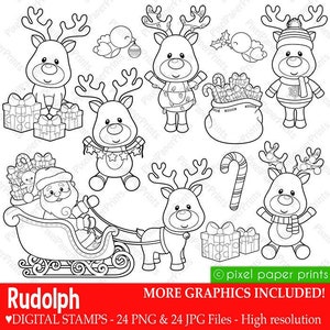 Rudolph  Reindeer Digital Stamps - Christmas Clipart - Line art graphics for coloring pages, worksheets, crafts & more - Printable - PNG