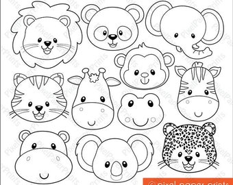 Animal Faces Digital Stamps - Animal Heads - Line Art - Printable - Create worksheets, cards, coloring pages and more - Instant Download