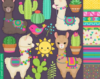 Colorful Llamas - Decorated Llama - clipart - Alpaca Clip Art - Digital download - Llama Digital Stickers