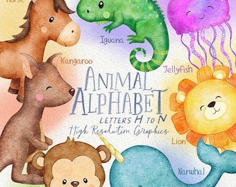 Watercolor Animal Alphabet - LETTERS H TO N - Clipart and Digital Paper Set - Cute ABC Clip Art - Digital Download
