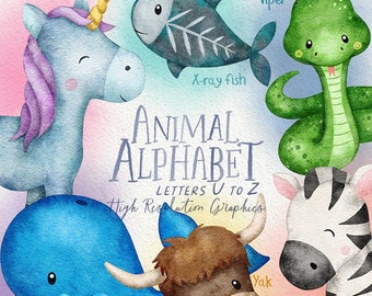 Watercolor Animal Alphabet - LETTERS U TO Z - Clipart and Digital Paper Set - Cute ABC Clip Art - Digital Download