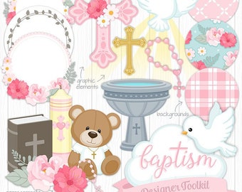 Baptism Clip Art Pink - Toolkit for designers - Baby Girl - Christening clipart - Over 80 elements included - Digital Download - Printable