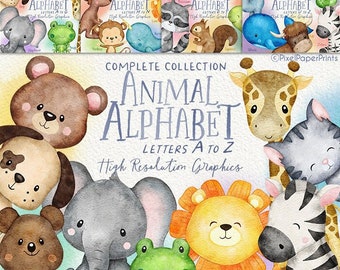 Watercolor Animal Alphabet Clipart: A-Z Graphics (Digital Download)