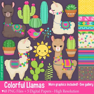 Llama Clip Art - Colorful Llamas - Decorated Llama - clipart - Alpaca Clip Art - Digital download - PNG Files